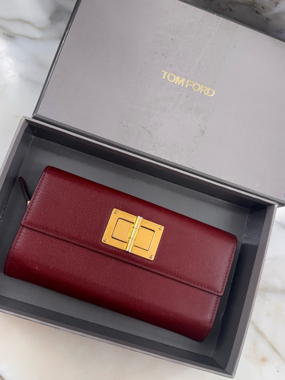 Tom Ford Women's Deep Red Leather Continental Wallet with Gold Hardware